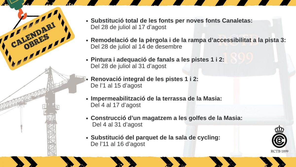 Consulta el calendari de les tasques de millora que es faran al Club a partir del 28 de juliol