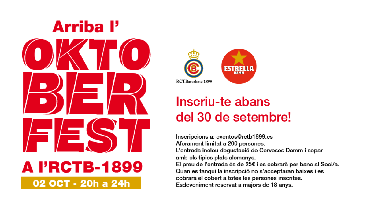 Després de tres anys, torna l'Oktoberfest a l'RCTB-1899 el proper 2 d'octubre. Inscriu-te i reserva ja el teu cobert!