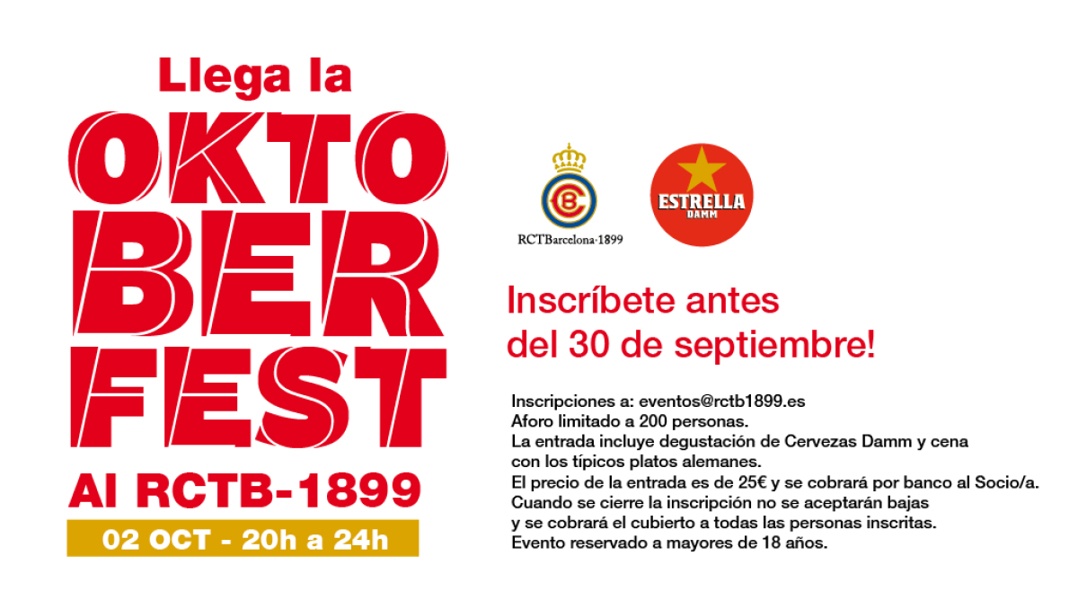 Después de tres años, vuelve la Oktoberfest al RCTB-1899 el próximo 2 de octubre. ¡Inscríbete y reserva ya tu cubierto!